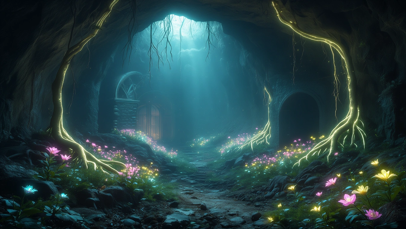 Ein mystischer Höhleneingang mit leuchtenden Pflanzen und sanftem Licht.