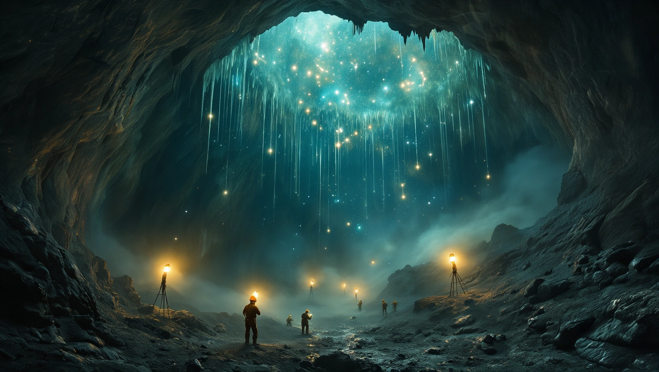 Eine mystische Höhle mit leuchtenden Sternen und Bergleuten, die Träume symbolisieren.