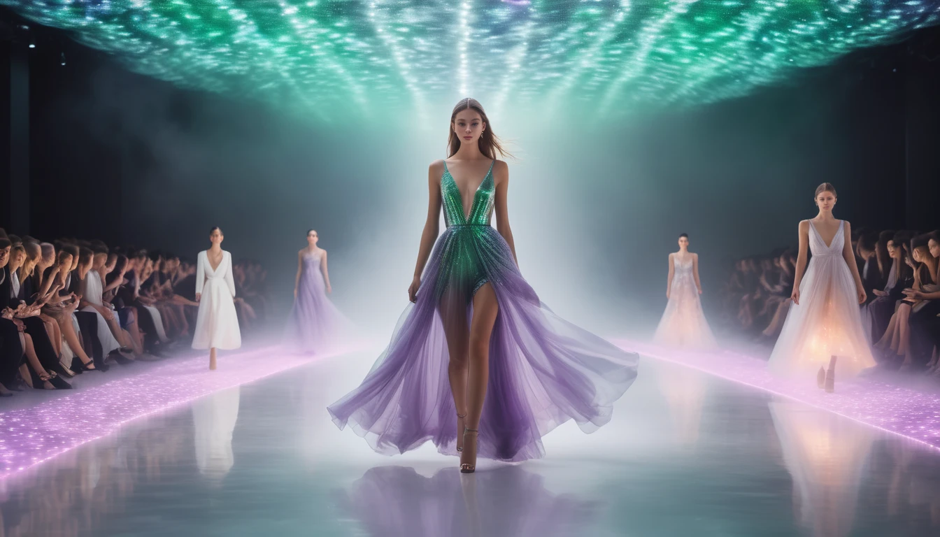 Eine elegante Mannequin auf dem Laufsteg in einem schimmernden Kleid.