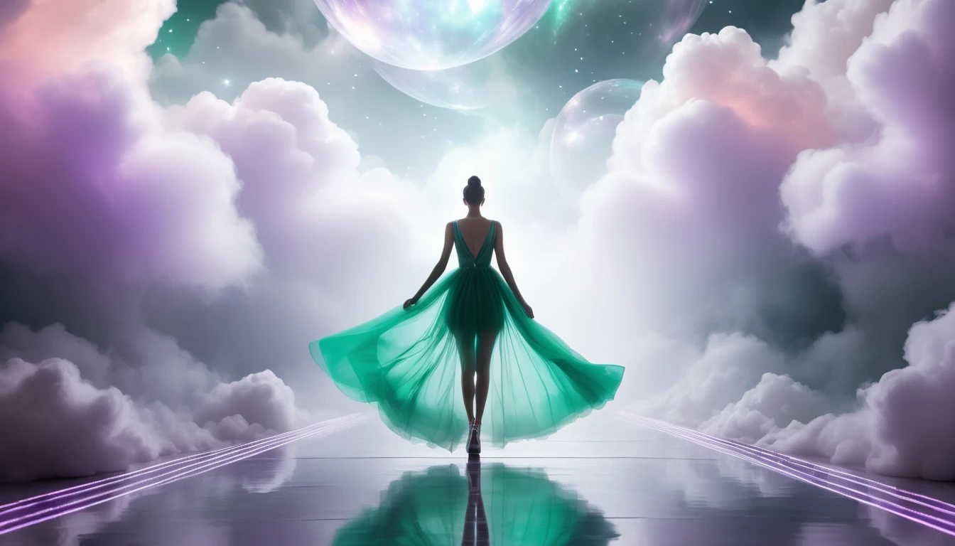 Eine stilisierte Figur in einem grünen Kleid steht vor einer traumhaften, wolkigen Kulisse.