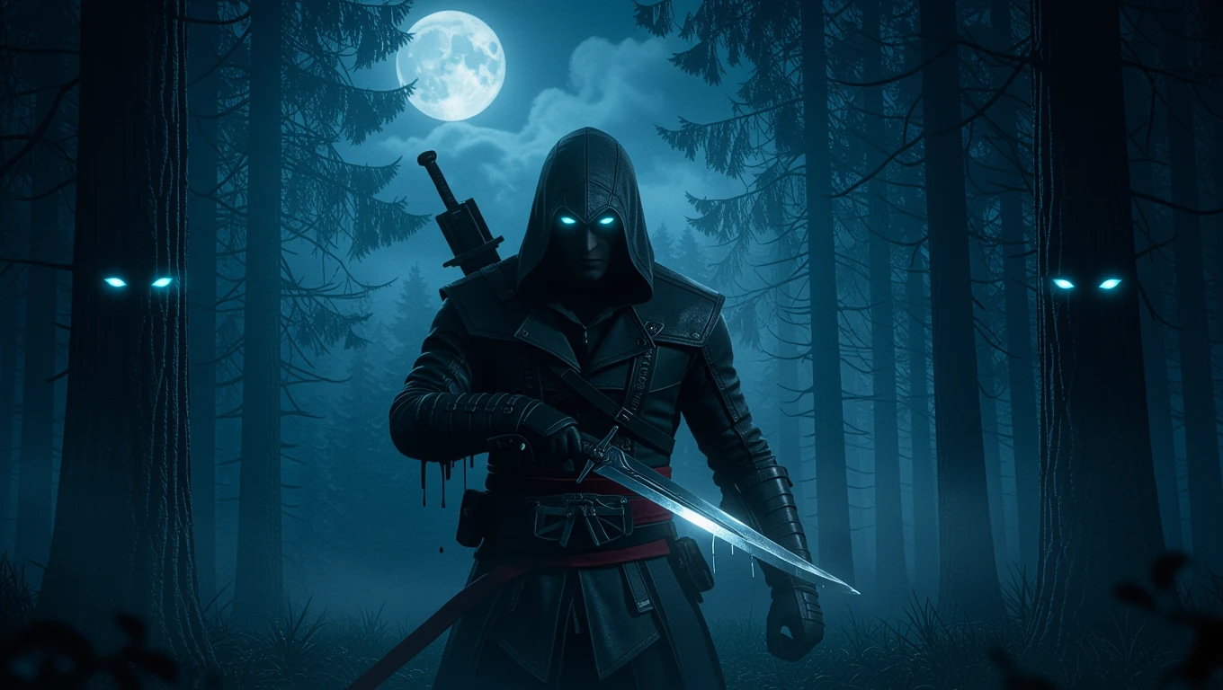 Ein mysteriöser Mann mit einer Klinge steht im dunklen Wald unter dem Mond.