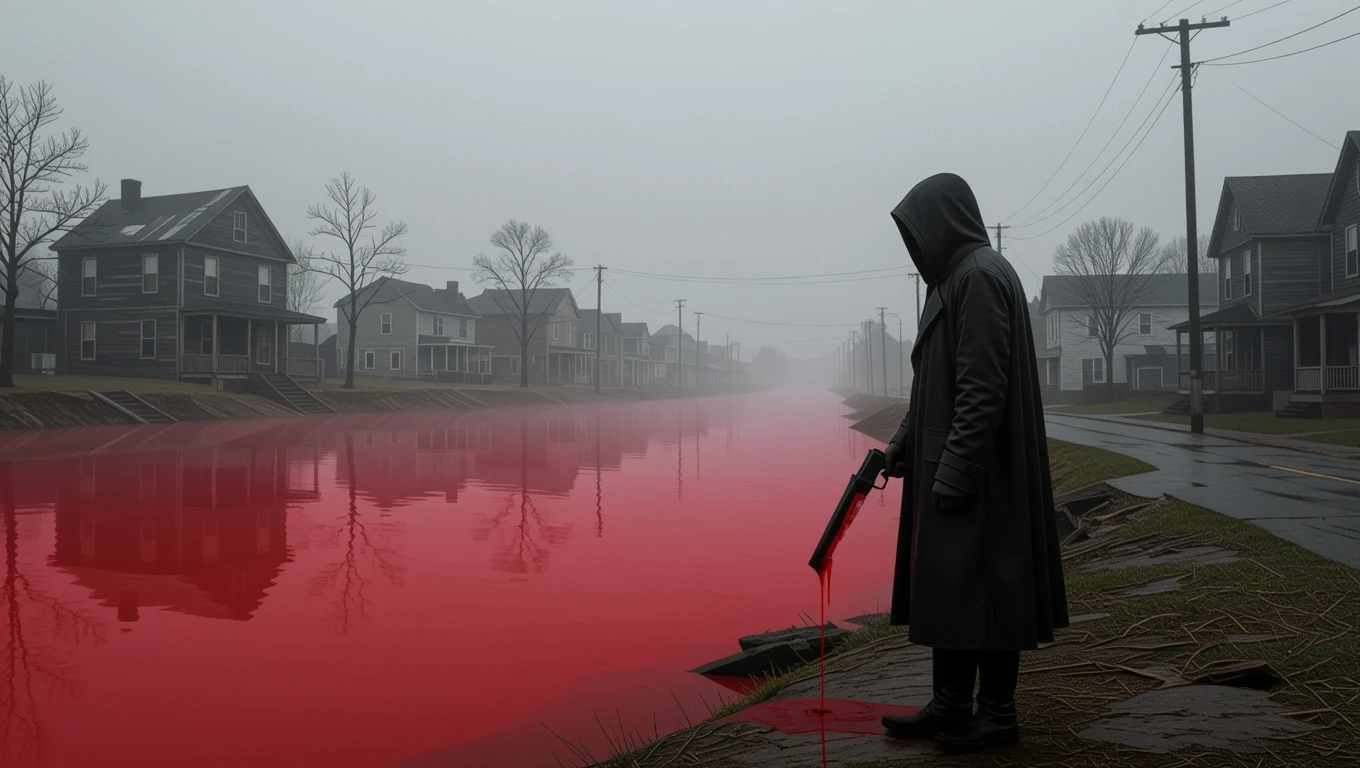 Eine mysteriöse Figur in einem langen Mantel steht am Ufer eines blutroten Kanals.