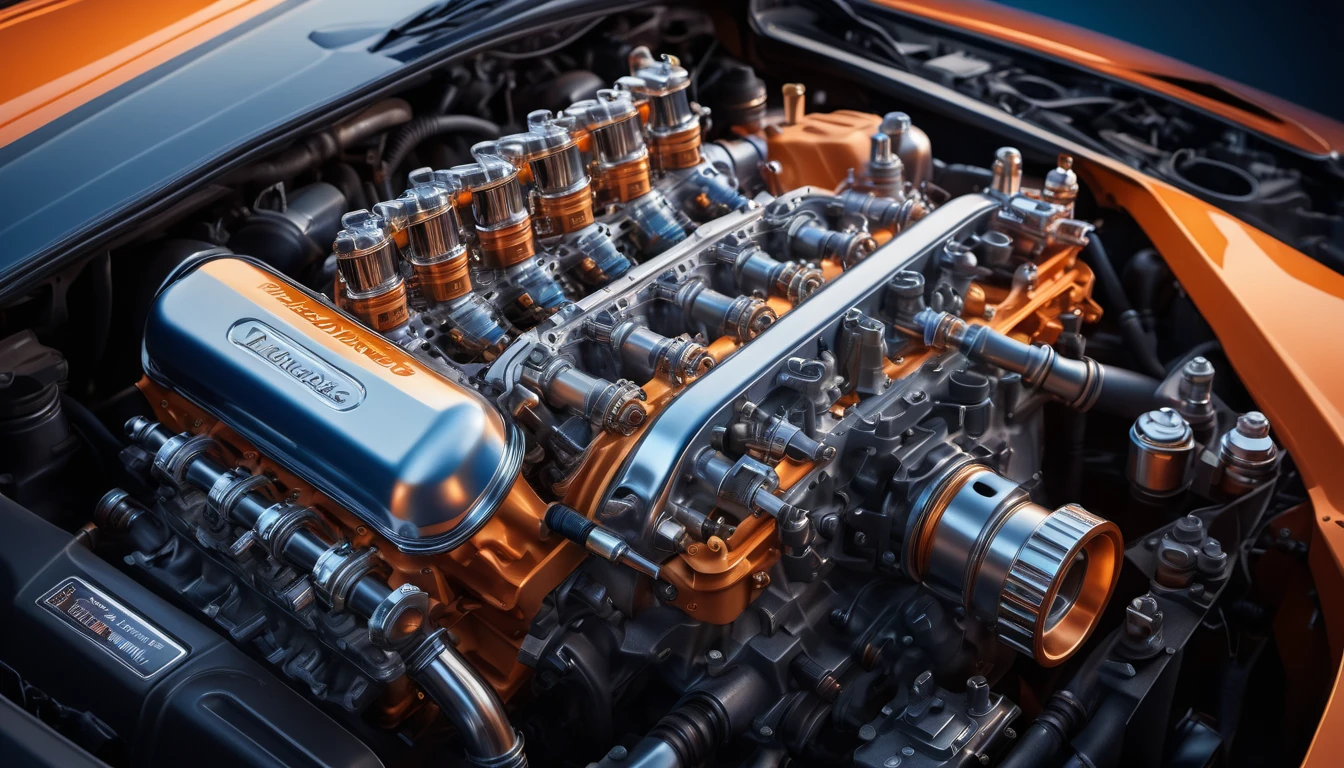 Detailaufnahme eines leistungsstarken Motors mit glänzenden Komponenten.