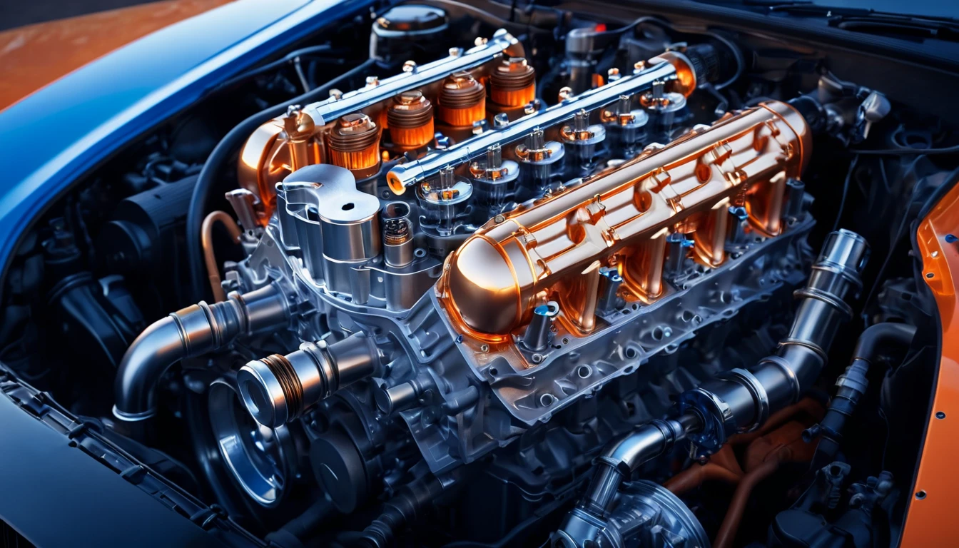 Ein leistungsstarker Motor mit glänzenden Komponenten und präziser Technik.