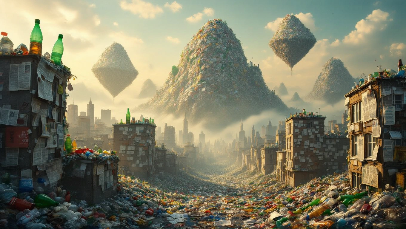 Eine surrealistische Landschaft voller Müll, mit schwebenden Abfallbergen über einer Stadt.