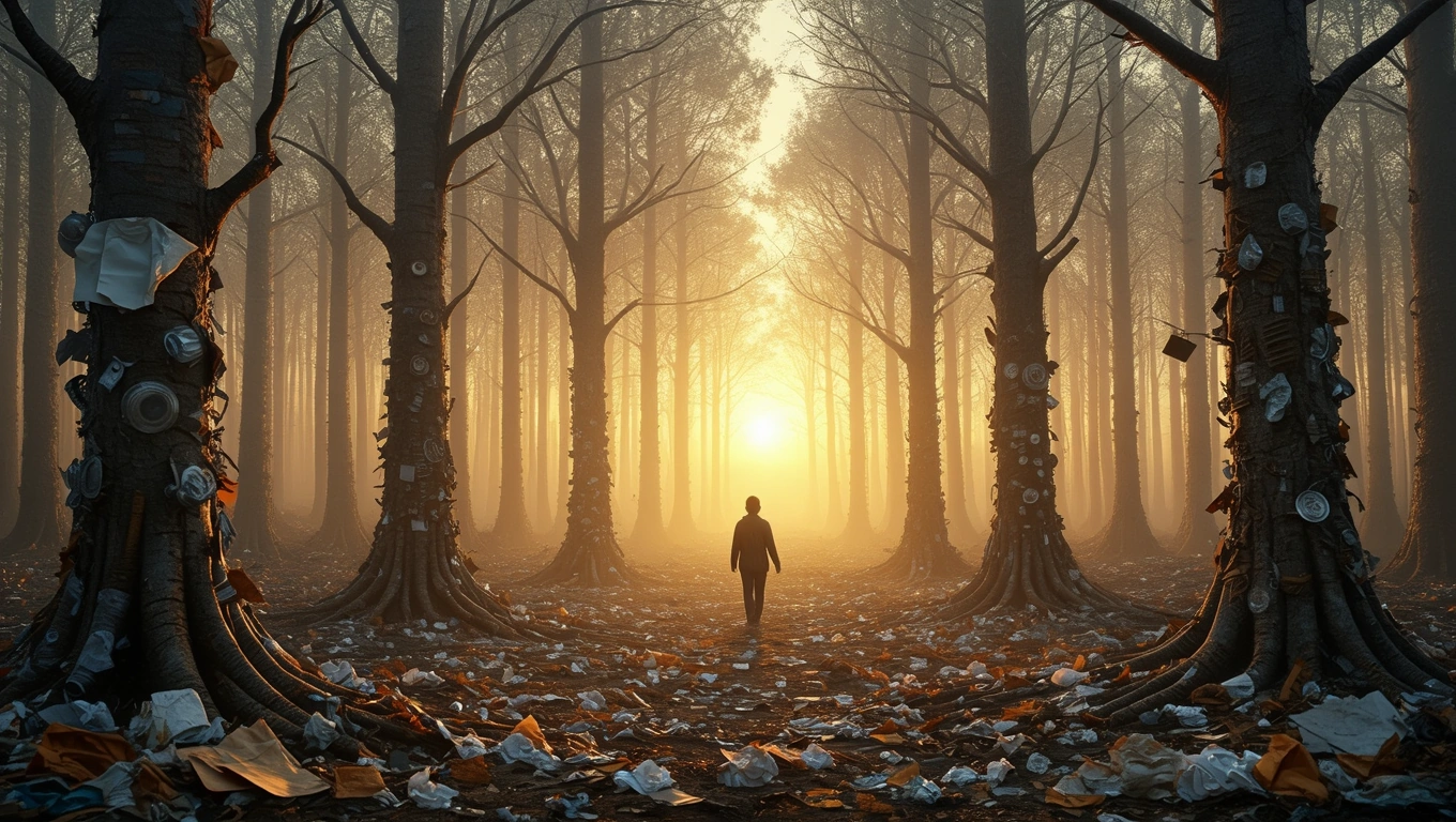 Eine Person steht in einem nebligen Wald, umgeben von Müll und Bäumen.