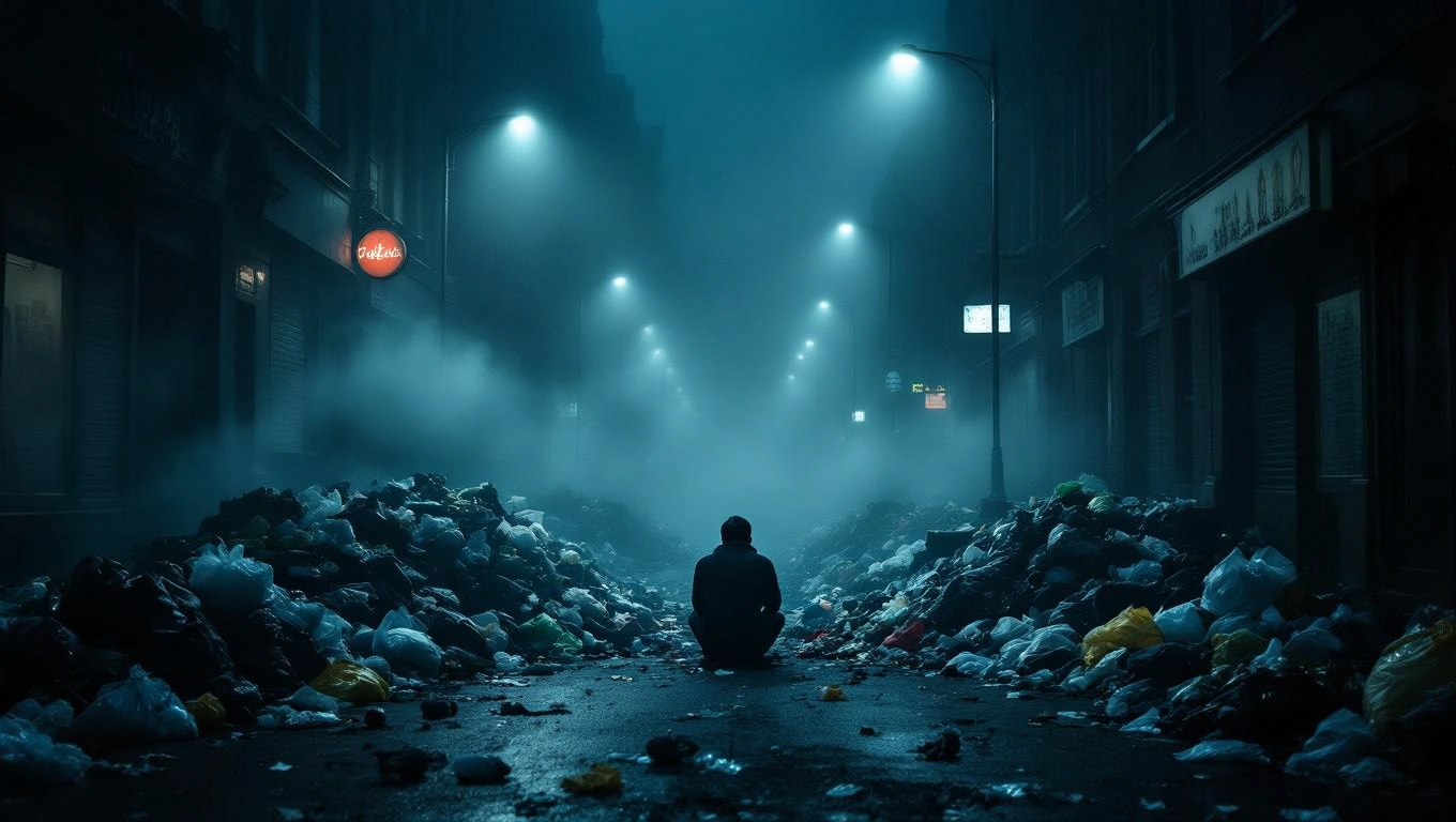 Eine Person sitzt in einer nebligen Straße, umgeben von Müllbergen.