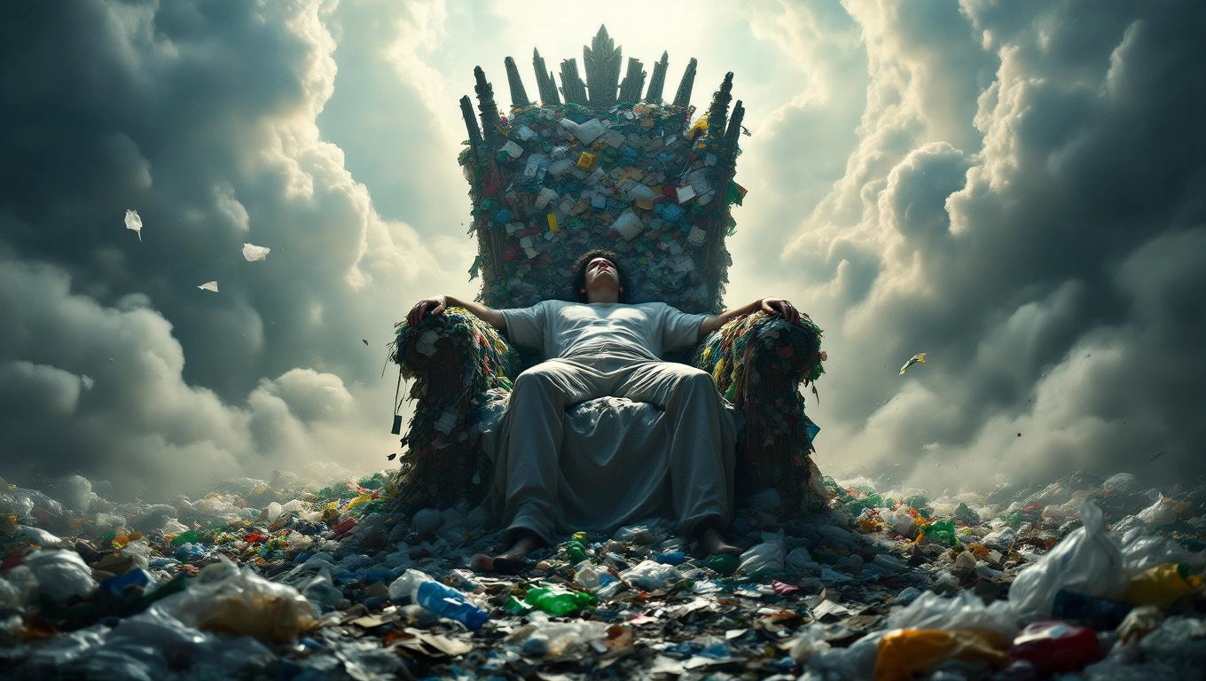Ein Mensch sitzt auf einem Thron aus Müll, umgeben von Abfall und Wolken.