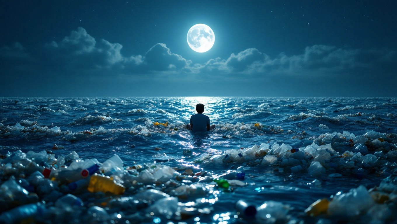 Eine Person sitzt im Wasser, umgeben von Müll, unter einem hellen Mond.
