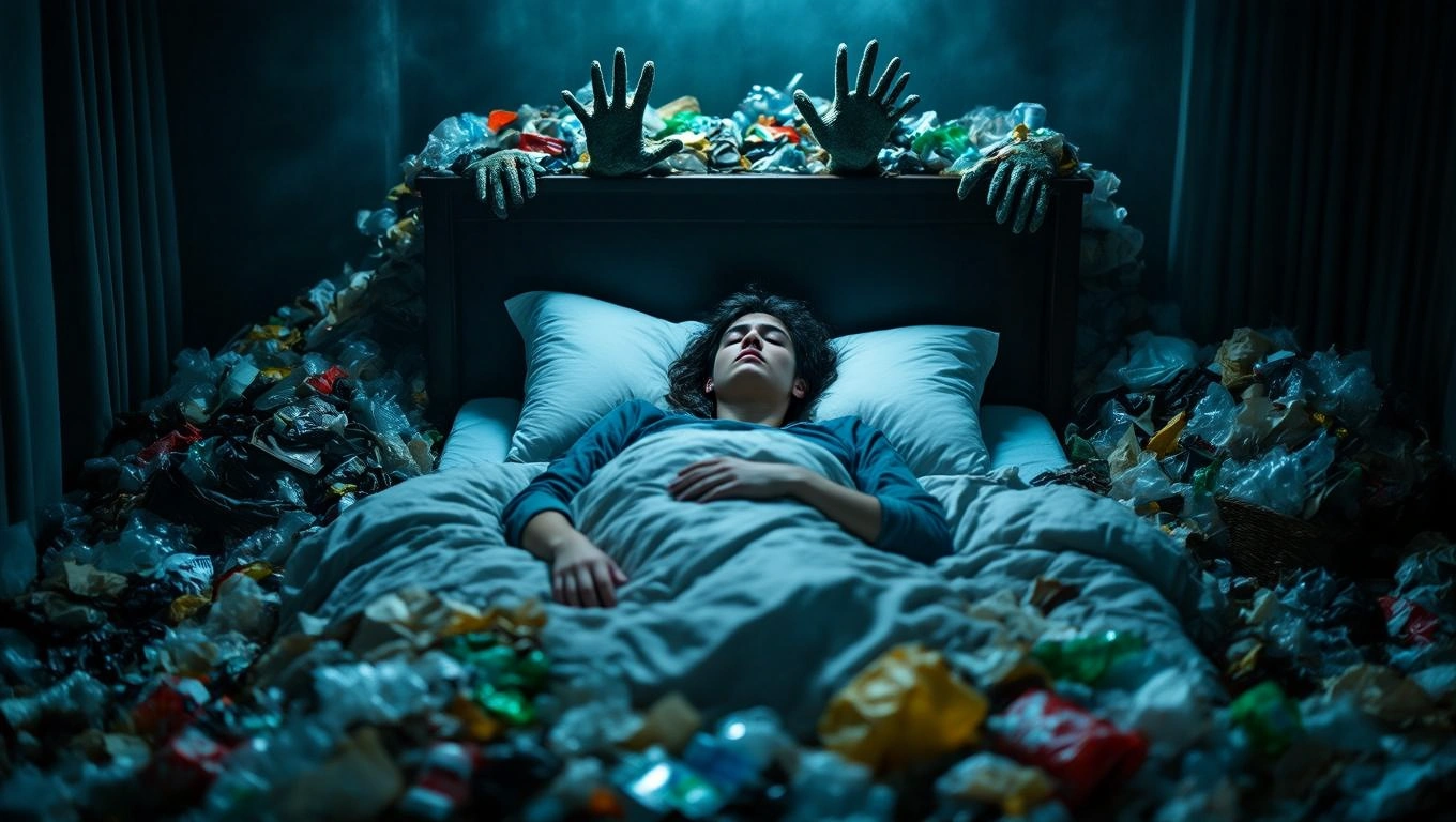 Eine schlafende Person in einem Bett, umgeben von Müll und Schattenhänden.