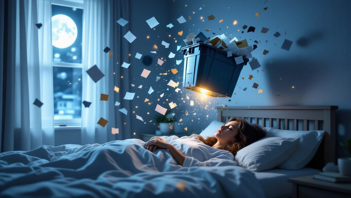 Eine schlafende Frau, während Müll aus einem Behälter schwebt und leuchtet.