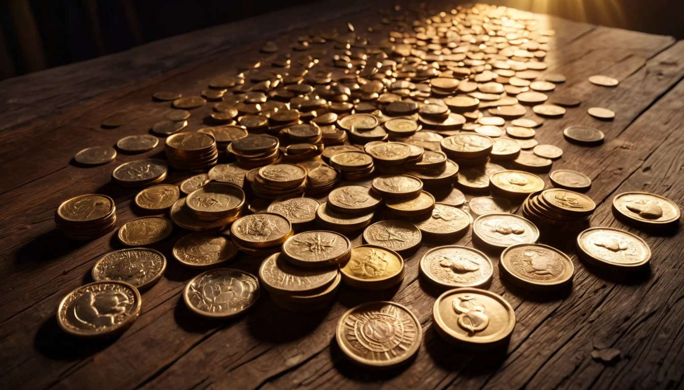 Eine Ansammlung von glänzenden Münzen auf einem Holztisch, symbolisiert Reichtum.