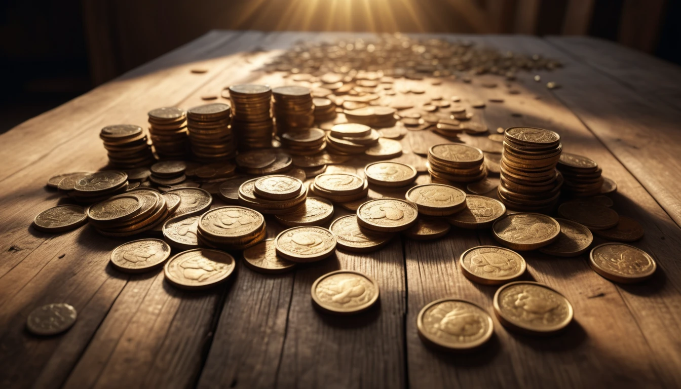 Ein Haufen goldener Münzen auf einem Holztisch, symbolisiert Wohlstand.
