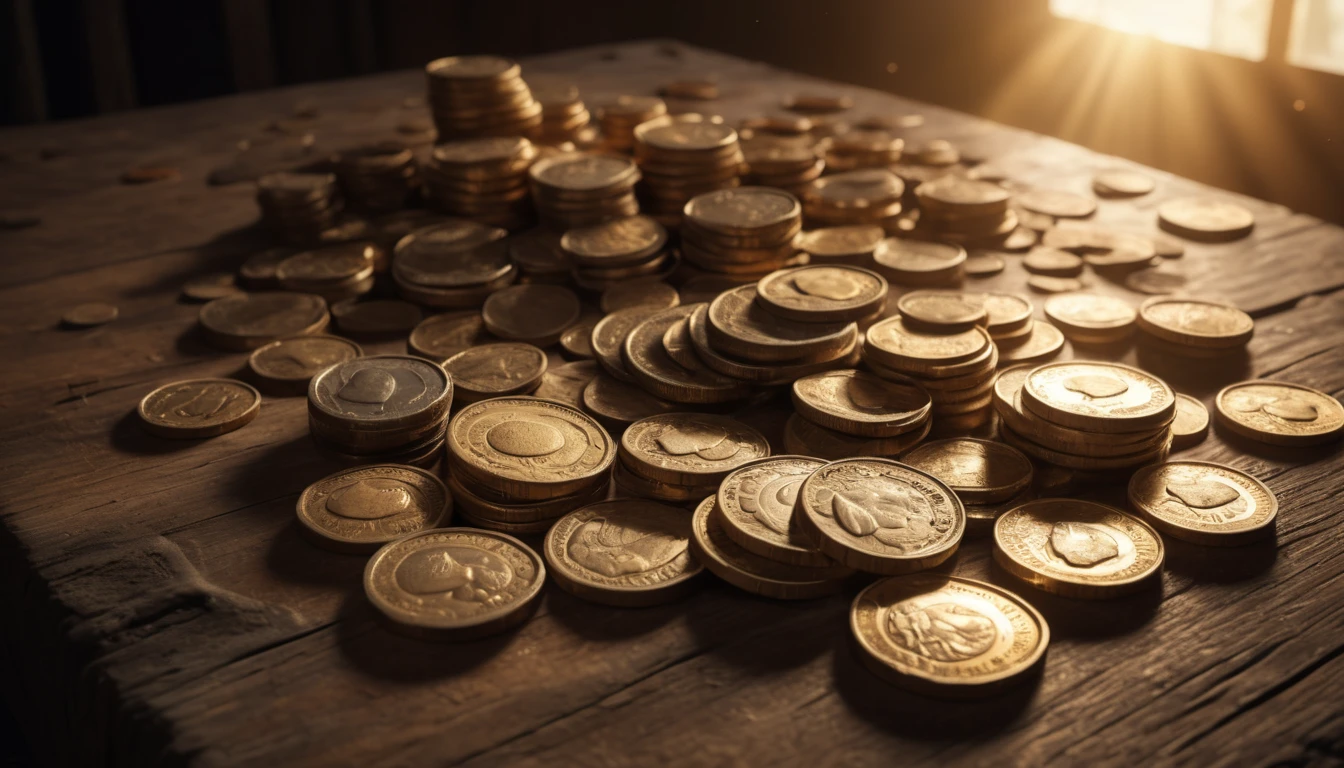 Eine Ansammlung von Münzen auf einem Holztisch, die Wohlstand symbolisieren.