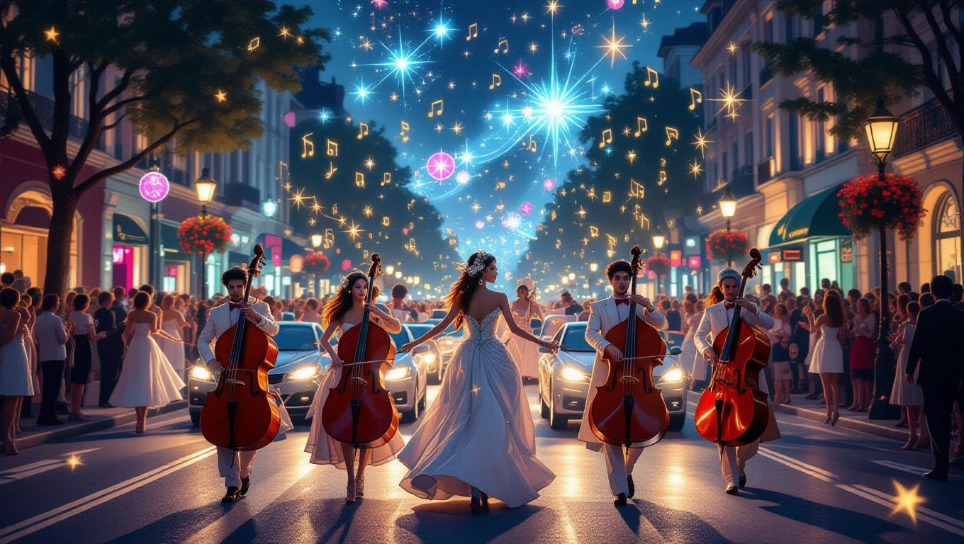 Eine festliche Straßenansicht mit Musikern in eleganter Kleidung, die Cello spielen.