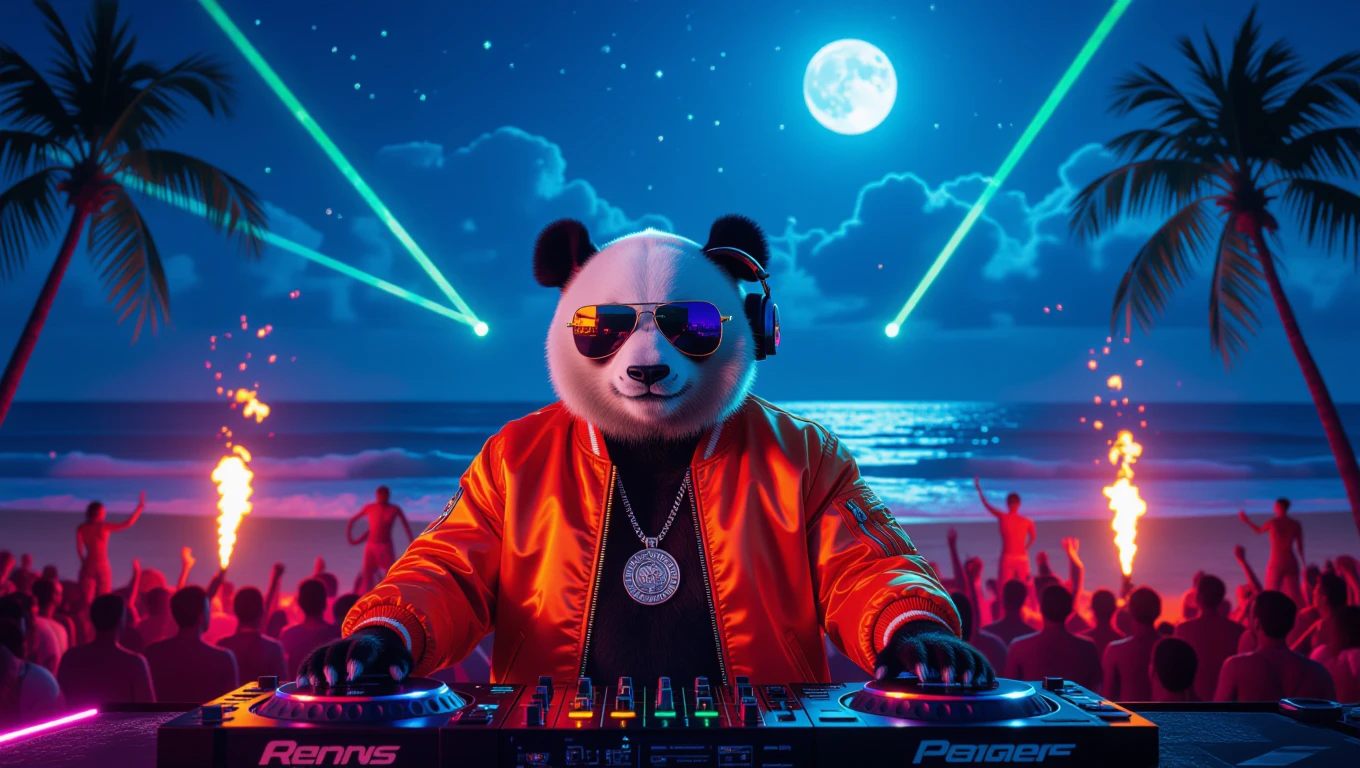 Ein DJ mit einem Pandakopf spielt Musik am Strand unter dem Mondlicht.