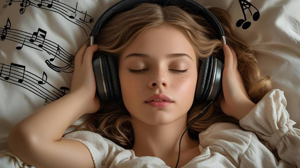 Ein Mädchen mit Kopfhörern, das entspannt Musik hört, umgeben von Noten.