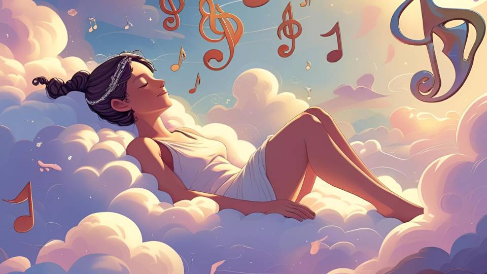 Eine träumende Person schwebt auf Wolken, umgeben von Musiknoten.