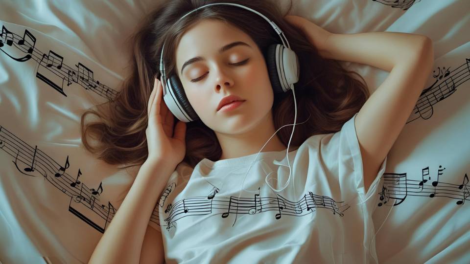 Ein Mädchen hört Musik mit Kopfhörern, umgeben von Noten auf dem Bett.