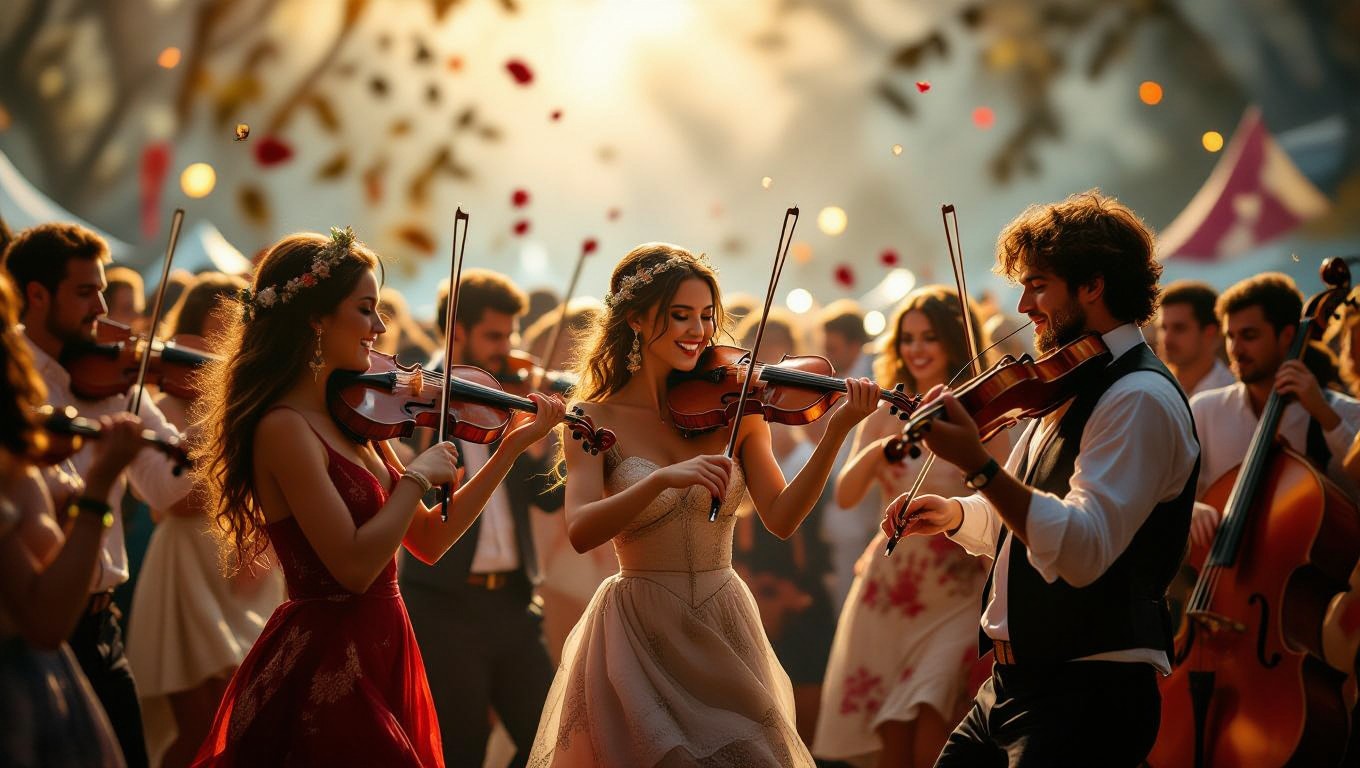 Eine Gruppe von Menschen spielt begeistert Geige auf einem Musikfestival.