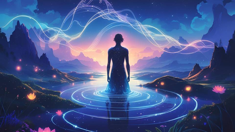 Eine silhouettehafte Figur steht in einem leuchtenden Wasser, umgeben von Bergen und Blumen.