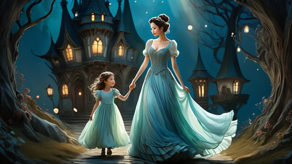 Eine Mutter führt ihre Tochter in einem traumhaften Wald zu einem Schloss.