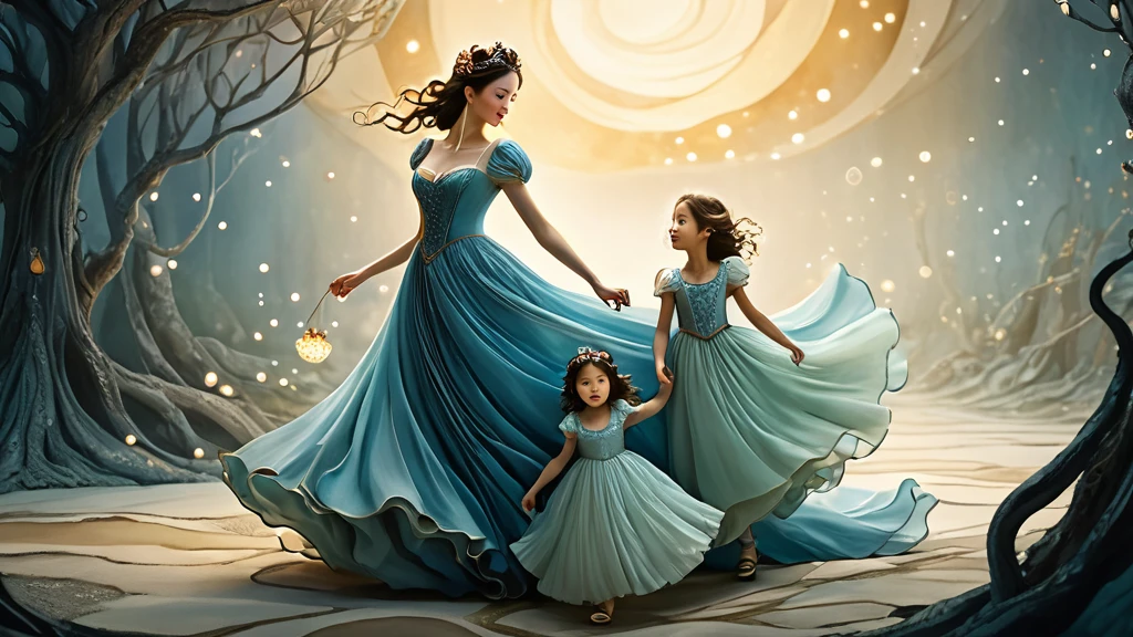 Eine Mutter in einem eleganten blauen Kleid führt ihre zwei Töchter durch einen magischen Wald.