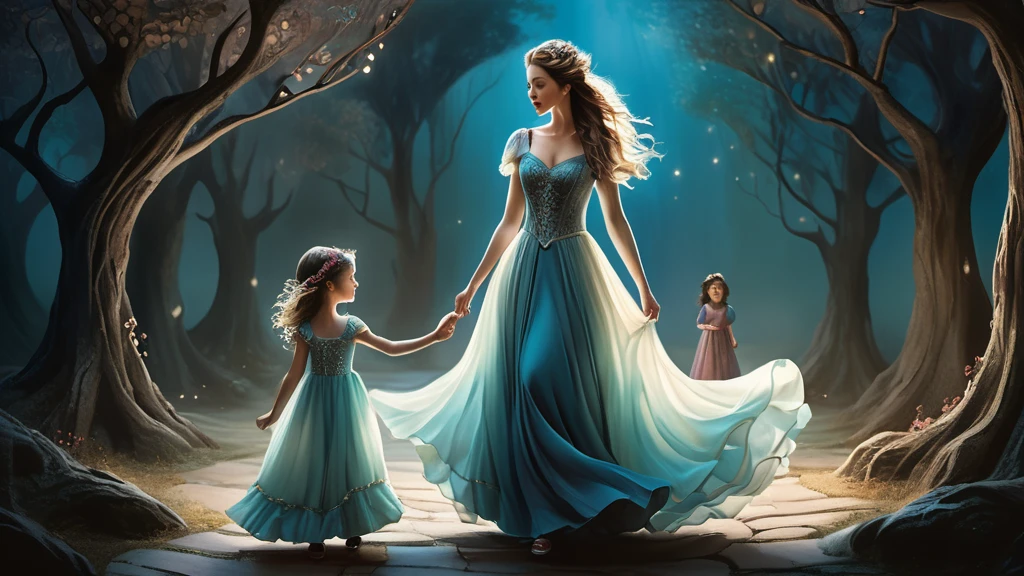 Eine Mutter in einem eleganten Kleid führt ihre Tochter durch einen mystischen Wald.