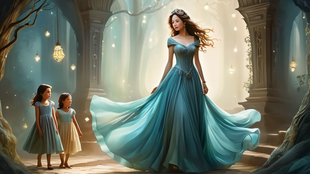 Eine elegante Frau in einem blauen Kleid steht mit zwei Mädchen in einem magischen Wald.