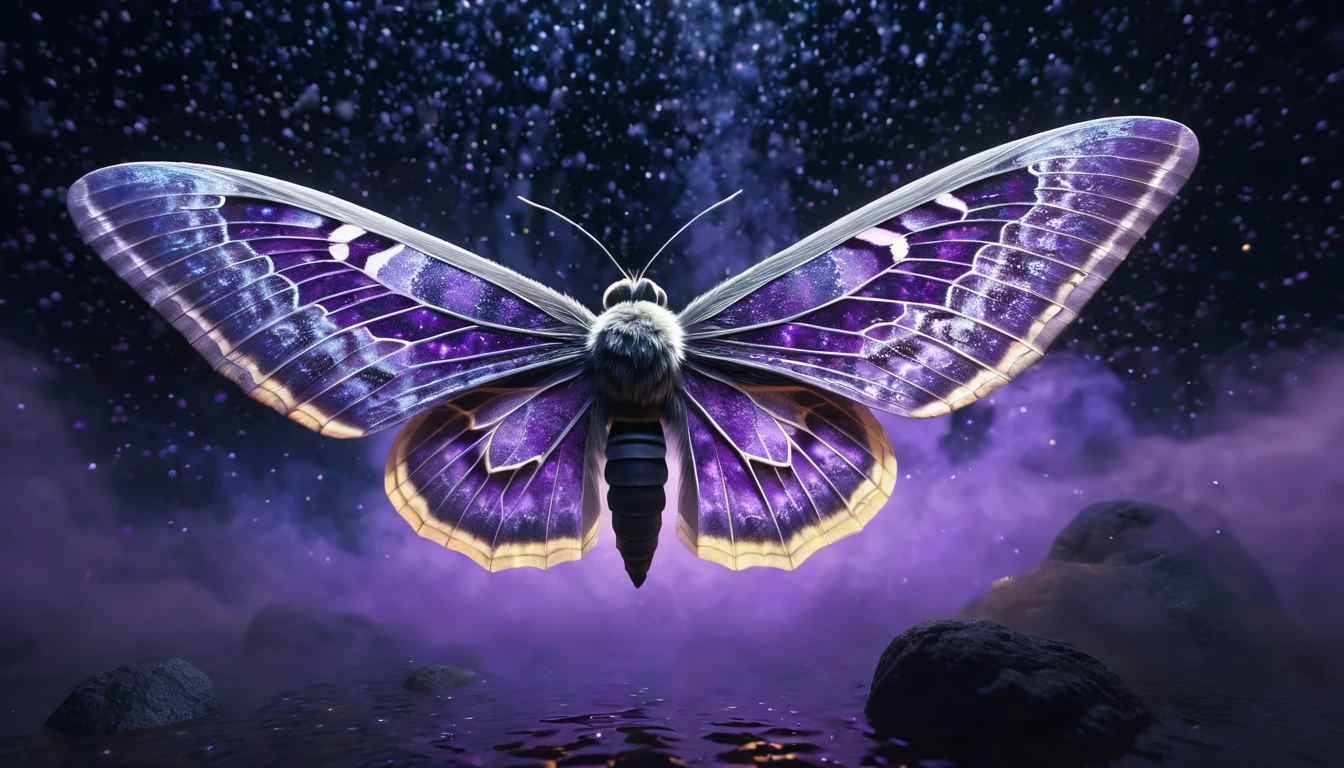 Ein Nachtfalter mit schimmernden lila Flügeln vor einem mystischen Hintergrund.