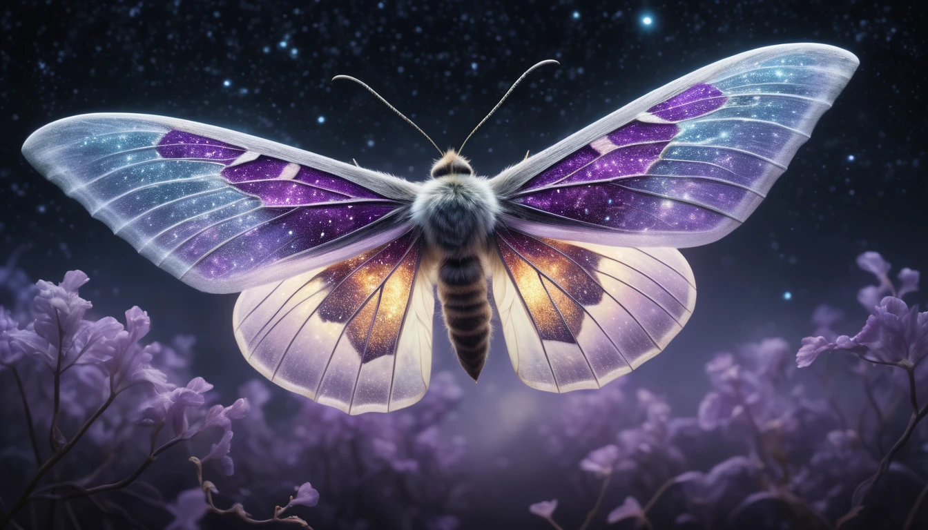 Ein Nachtfalter mit schimmernden, galaktischen Flügeln vor einem dunklen Hintergrund.