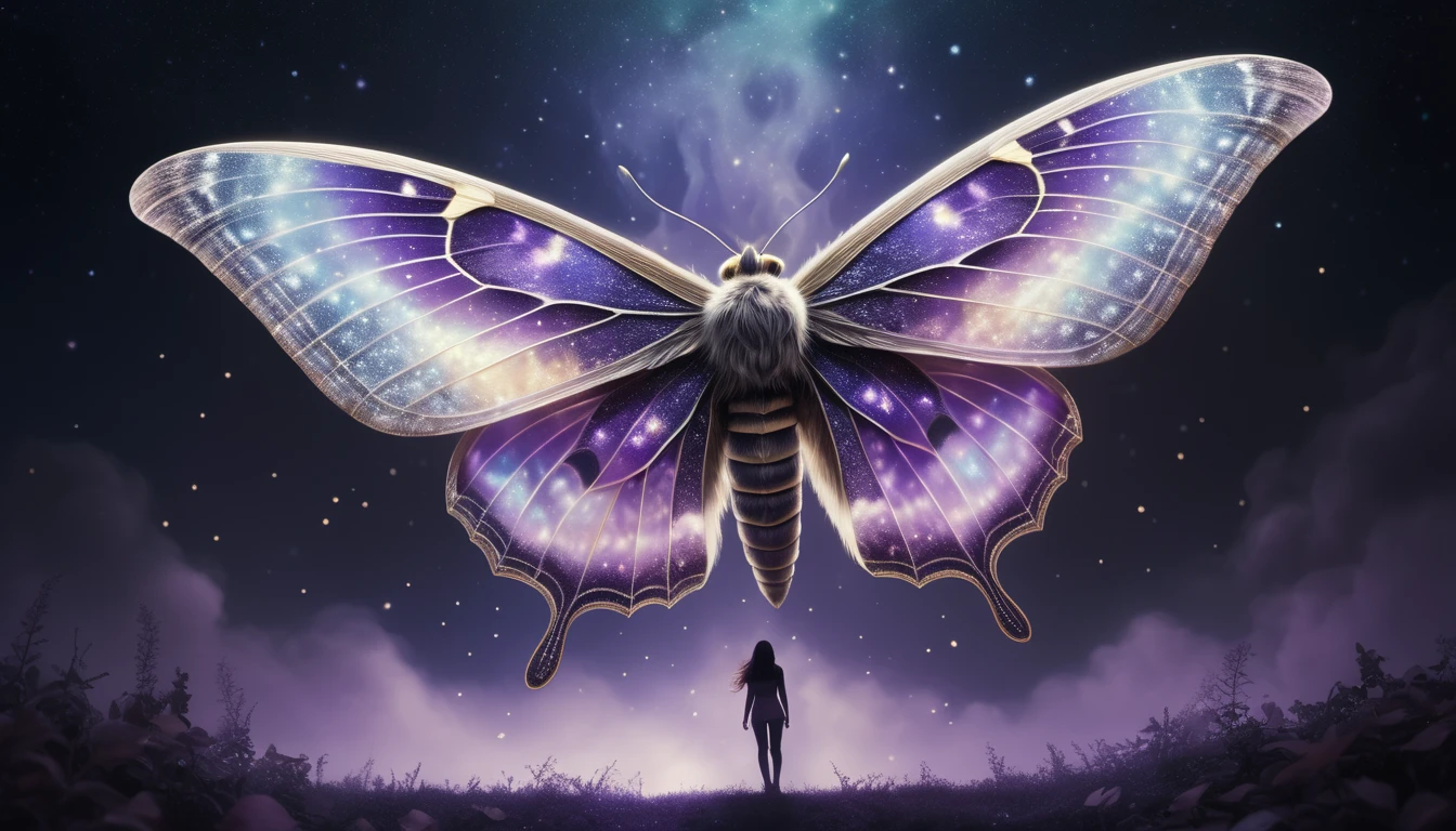 Eine große, leuchtende Nachtfalter mit galaktischen Mustern schwebt über einer silhouettierten Person.