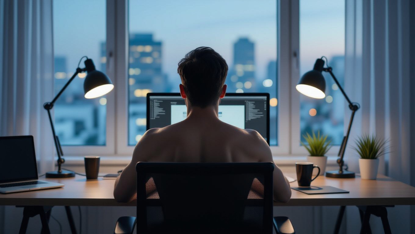 Ein Mann sitzt nackt vor einem Computer, umgeben von Stadtlichtern.