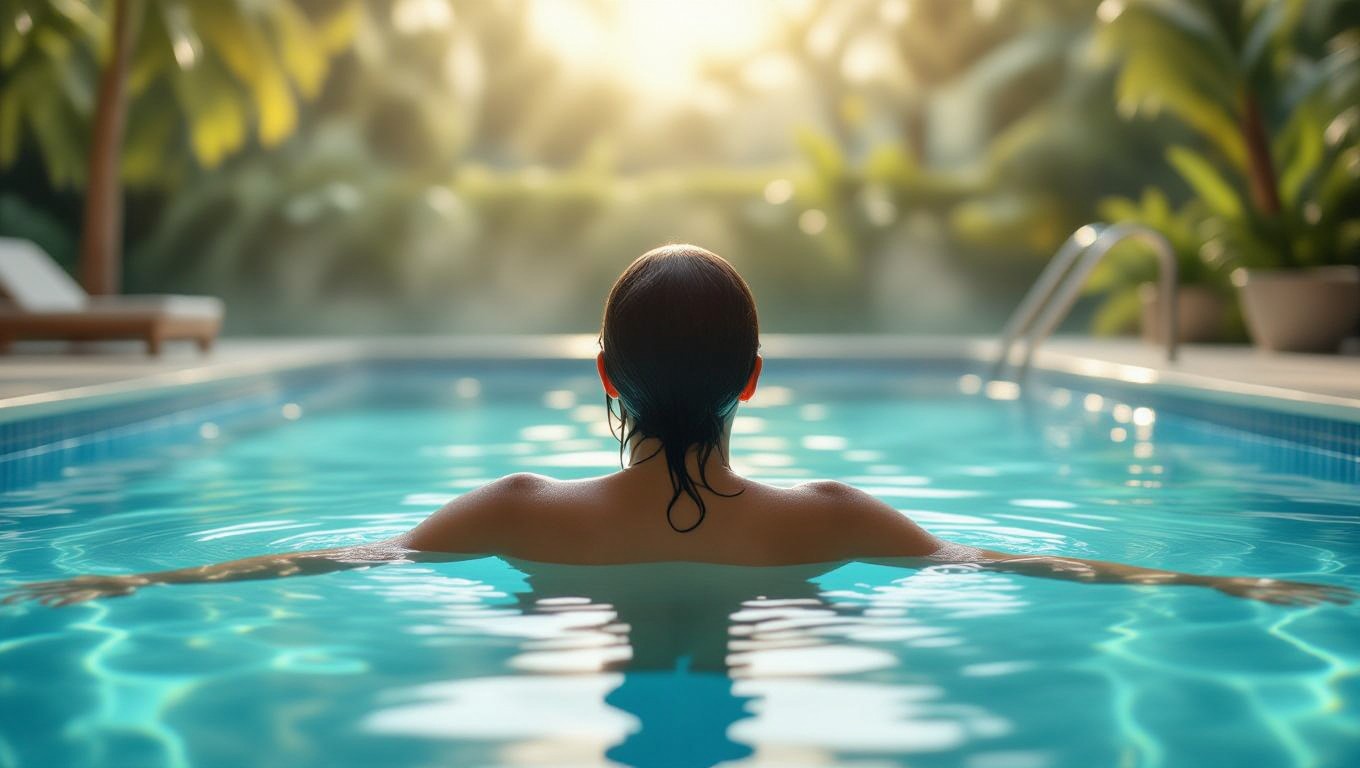 Eine Person sitzt nackt im Wasser eines Pools und blickt nachdenklich ins Freie.