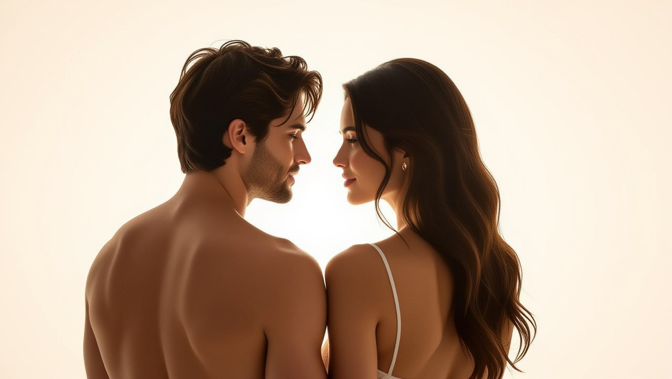 Ein Paar steht nackt Rücken an Rücken, symbolisiert Verletzlichkeit und Authentizität.
