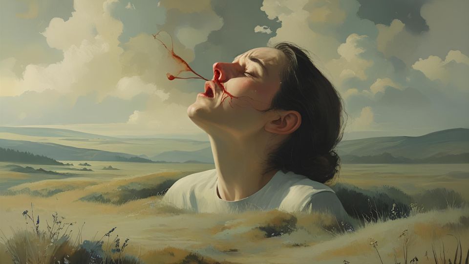 Eine Frau mit blutender Nase steht in einer weiten Landschaft, die Emotionen widerspiegelt.
