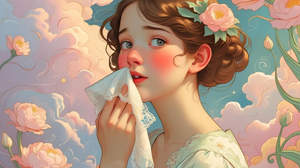 Ein Mädchen mit einem Taschentuch, das sanft ihre Nase berührt, umgeben von Blumen.