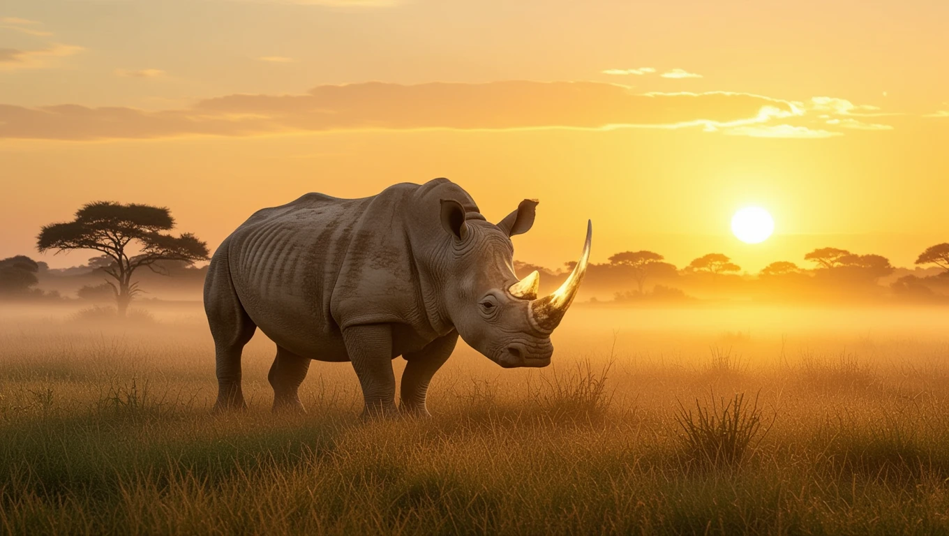 Ein Nashorn steht majestätisch in der Dämmerung, umgeben von sanften Graslandschaften.