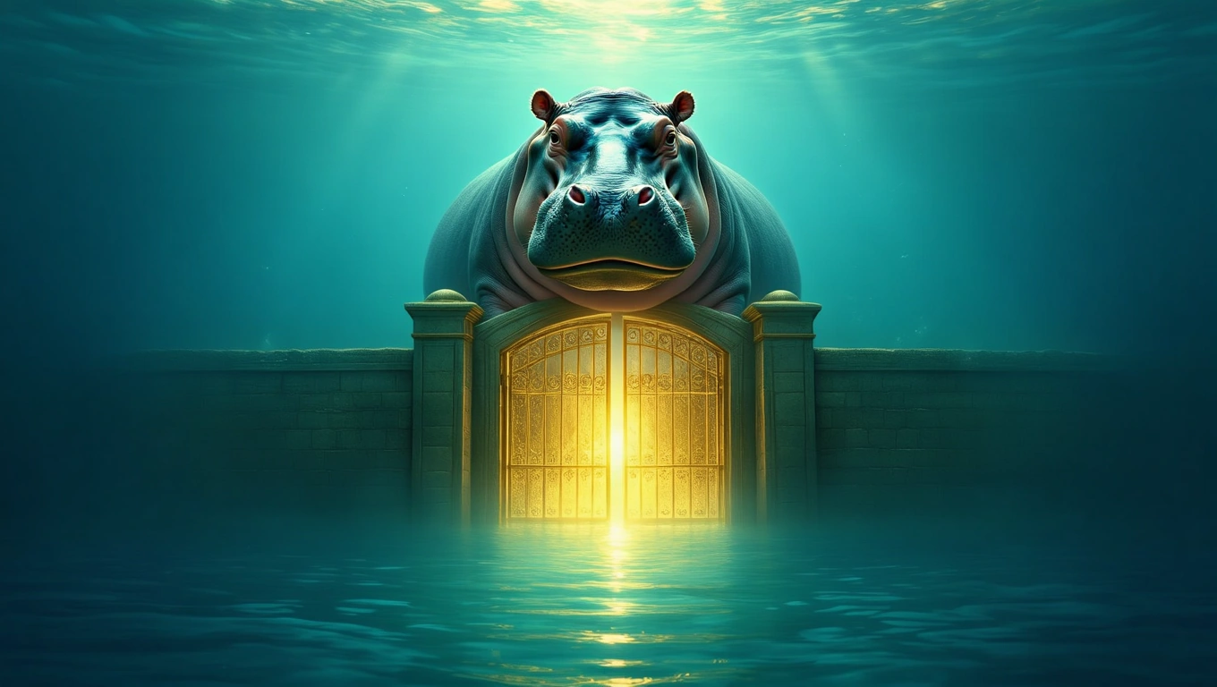 Ein Nilpferd steht majestätisch vor einem leuchtenden Tor unter Wasser.