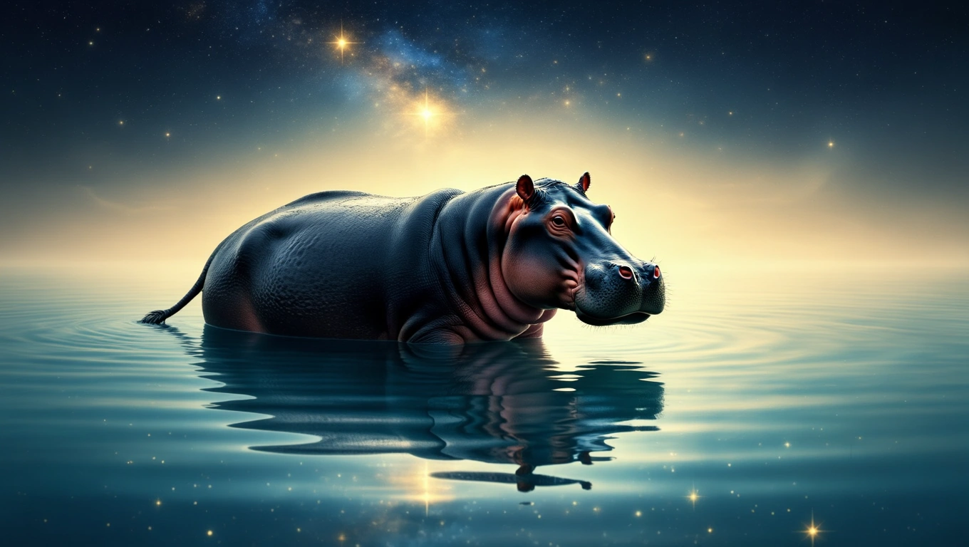 Ein Nilpferd steht im Wasser, umgeben von einem mystischen Sternenhimmel.
