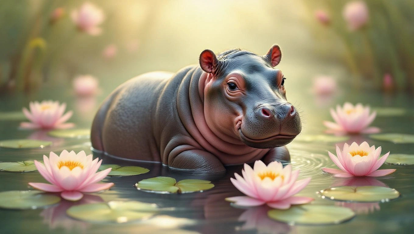 Ein Nilpferd schwimmt entspannt zwischen Wasserlilien in einem ruhigen Gewässer.