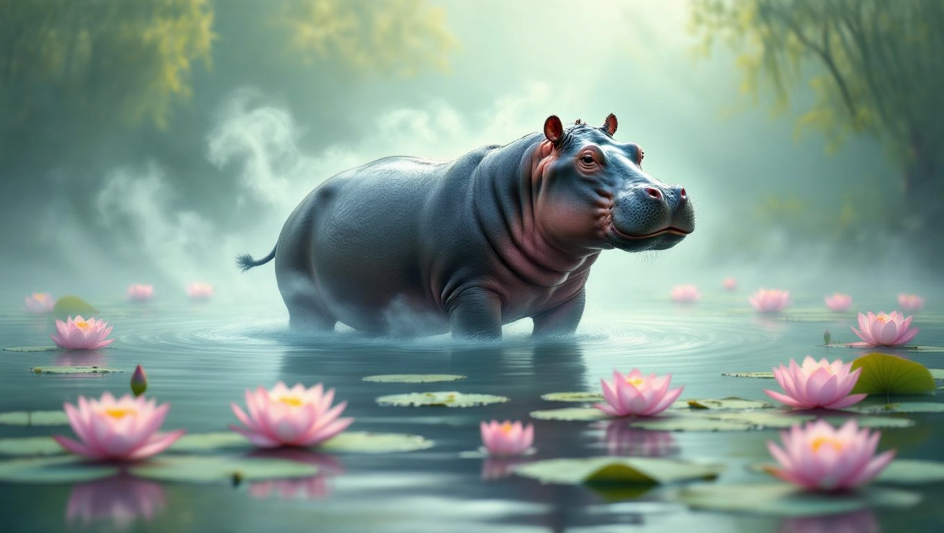 Ein Nilpferd steht im Wasser zwischen Seerosen, umgeben von Nebel.