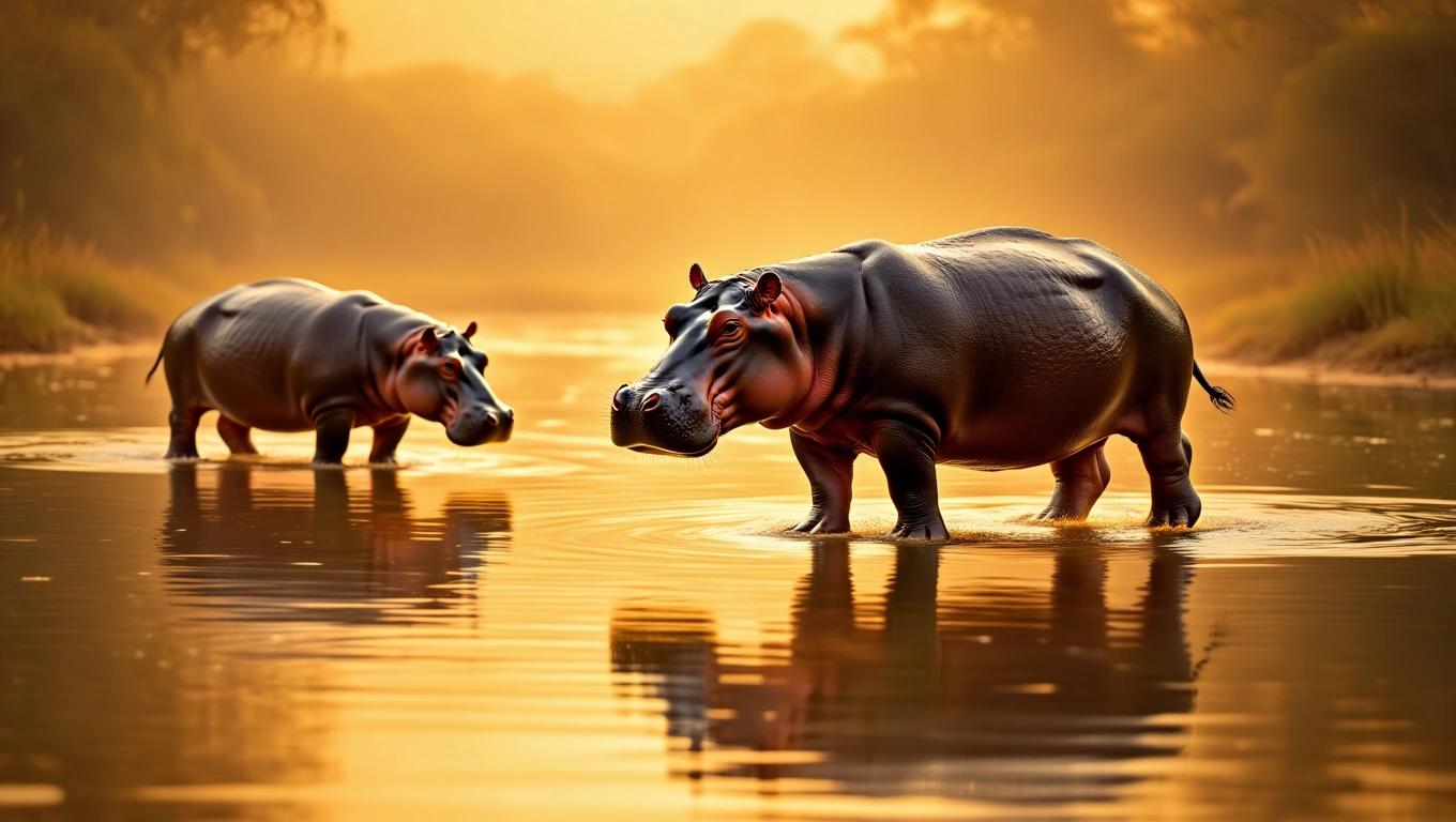 Zwei Nilpferde stehen im Wasser bei Sonnenuntergang, symbolisieren innere Stärke.