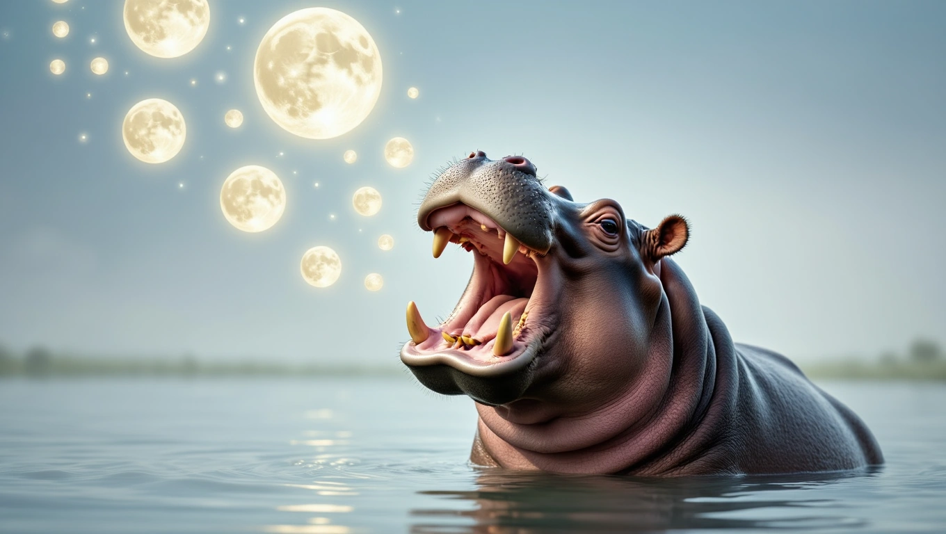 Ein Nilpferd, das im Wasser steht und den Mund weit öffnet, während Mondlichter um es herum schweben.