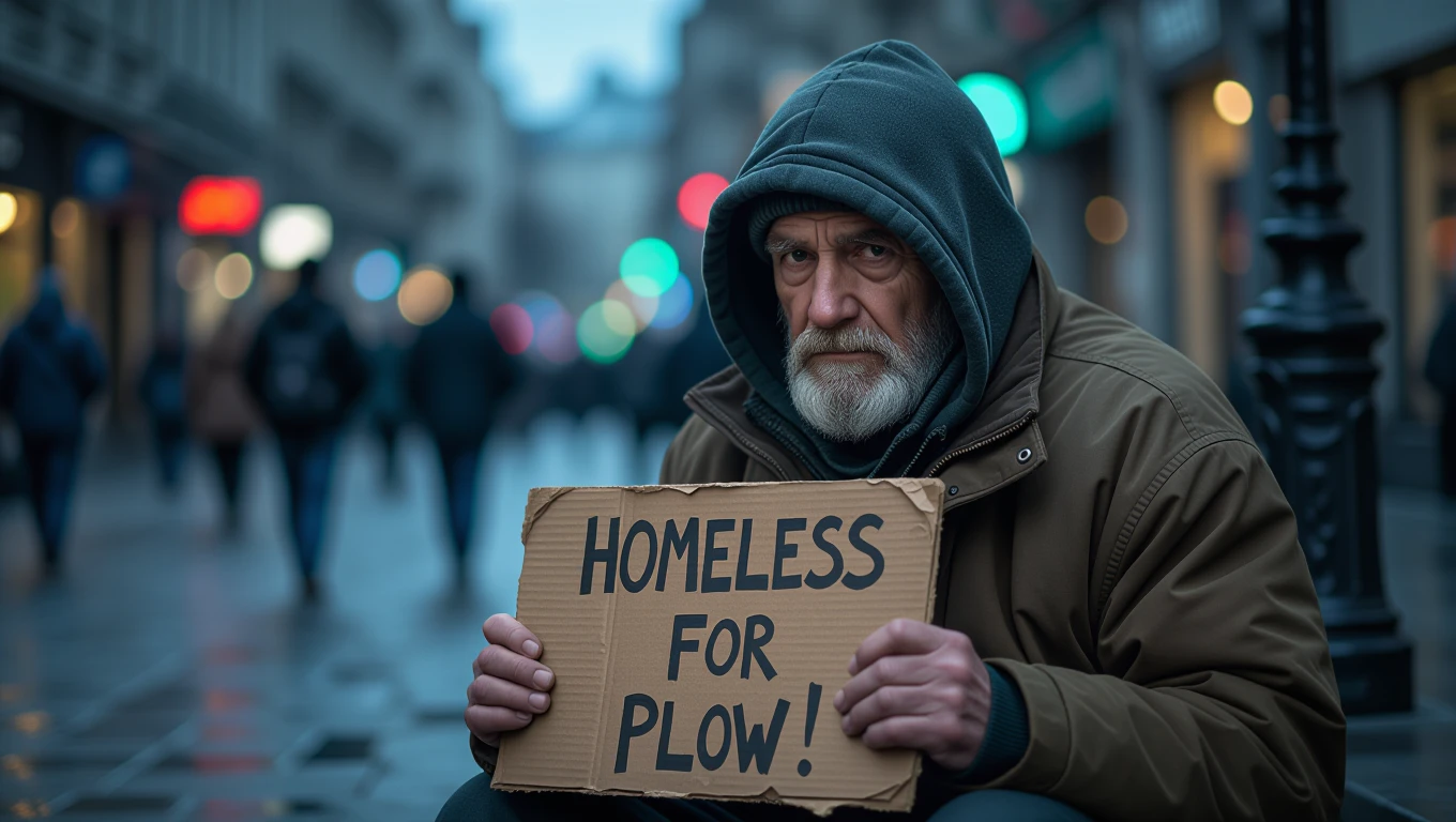 Ein älterer Mann mit Bart sitzt auf der Straße und hält ein Schild mit der Aufschrift 'Homeless for Plow!'