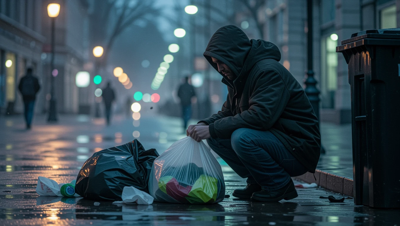 Ein Obdachloser durchsucht einen Müllsack auf einer regnerischen Straße.