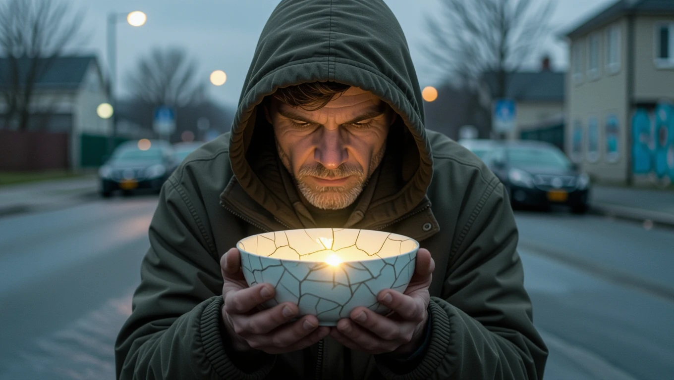 Ein obdachloser Mann hält eine zerbrochene Schüssel mit Licht in der Dunkelheit.