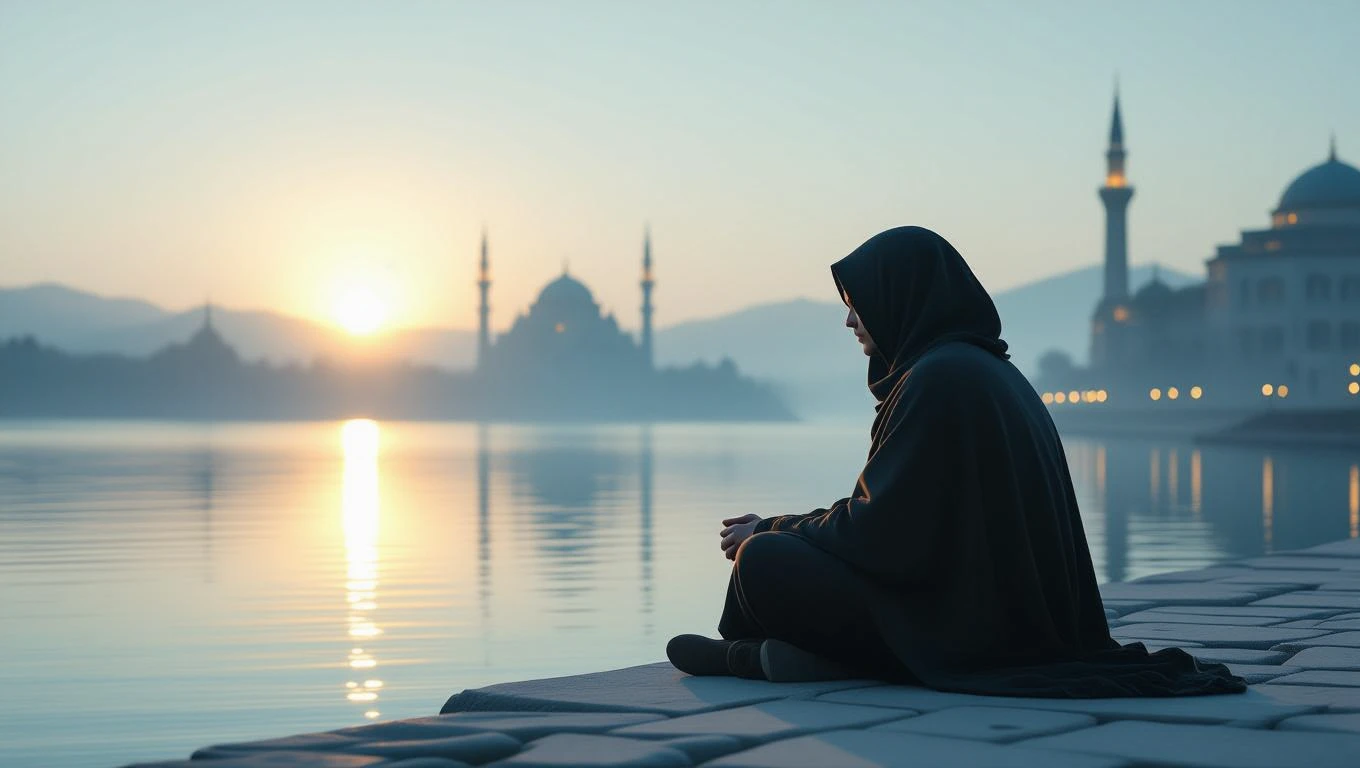 Eine nachdenkliche Person sitzt am Wasser und betrachtet den Sonnenaufgang.