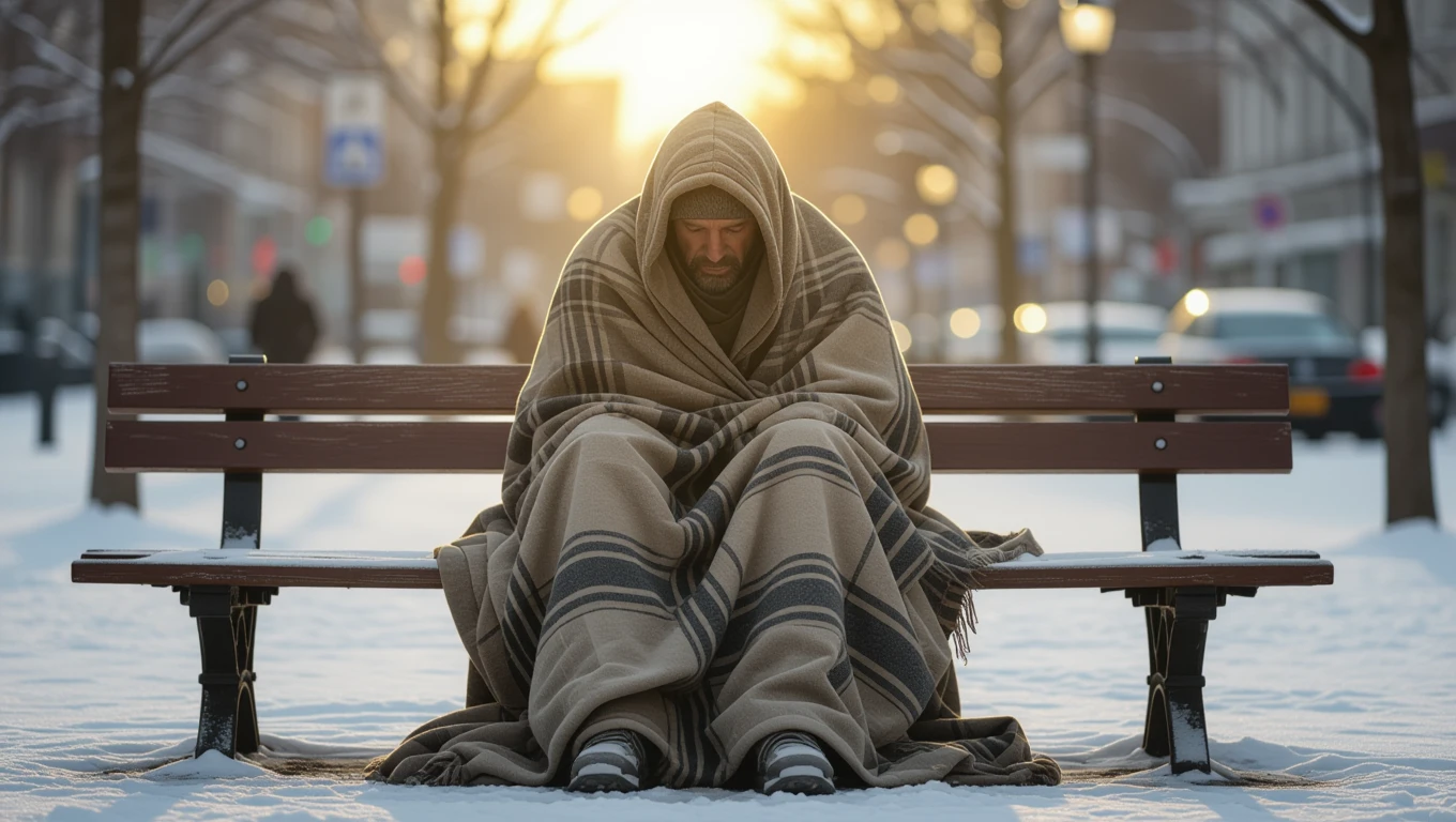 Ein obdachloser Mann sitzt in einer kalten Winterlandschaft auf einer Bank, eingehüllt in eine Decke.