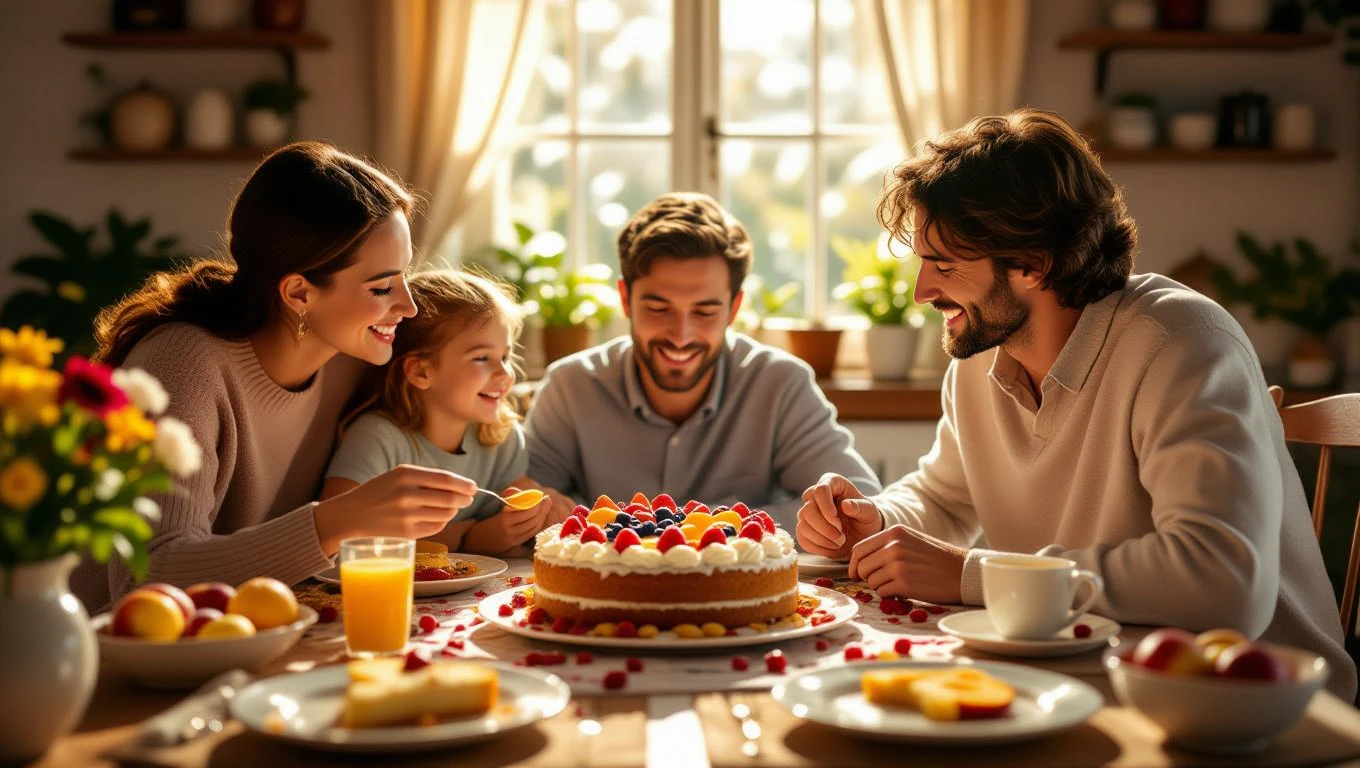 Eine Familie genießt eine bunte Obsttorte in einem hellen Raum.